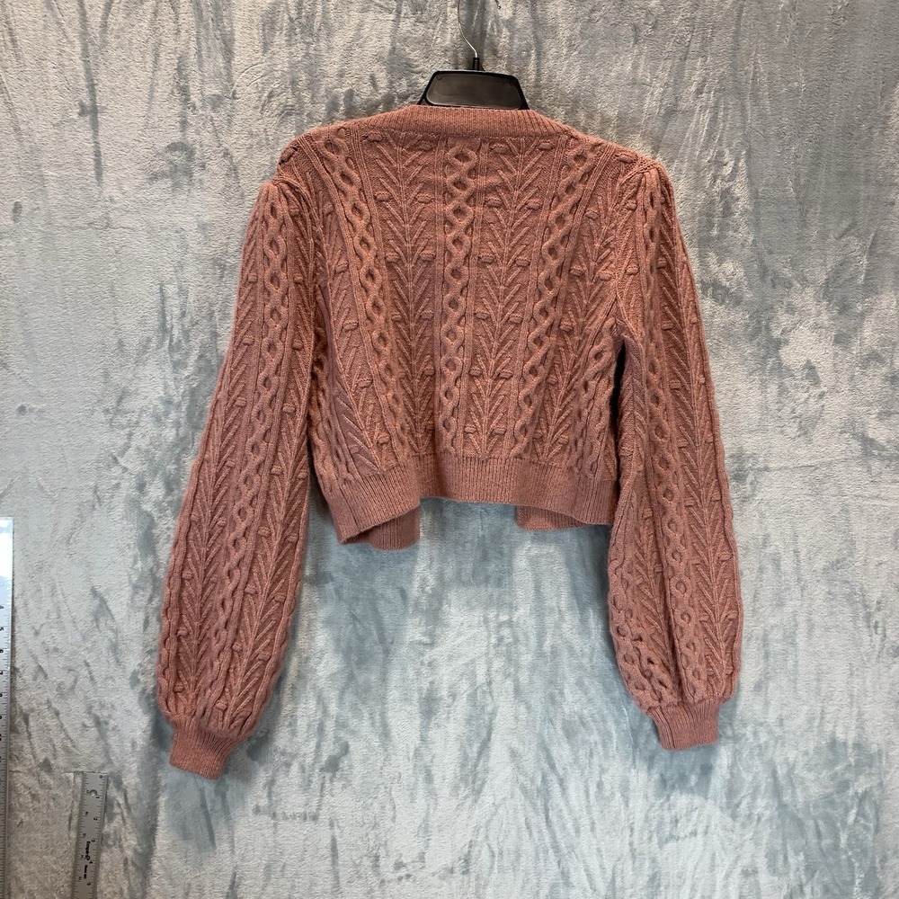 Storia‎ Women's Cardigan Sweater M Cable Knit Bow Tie Front Cropped Pink Puff - Picture 2 of 7